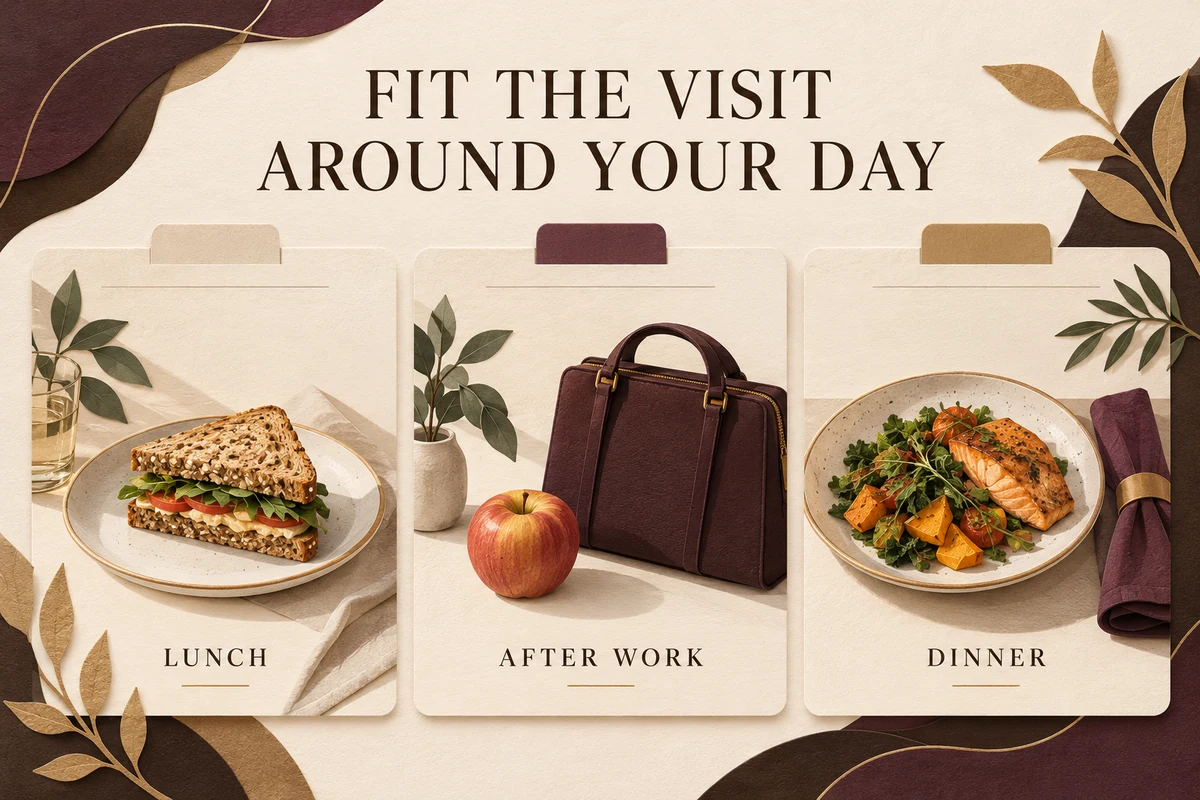 Three appointment cards show lunch, an after-work snack and dinner planned around a massage