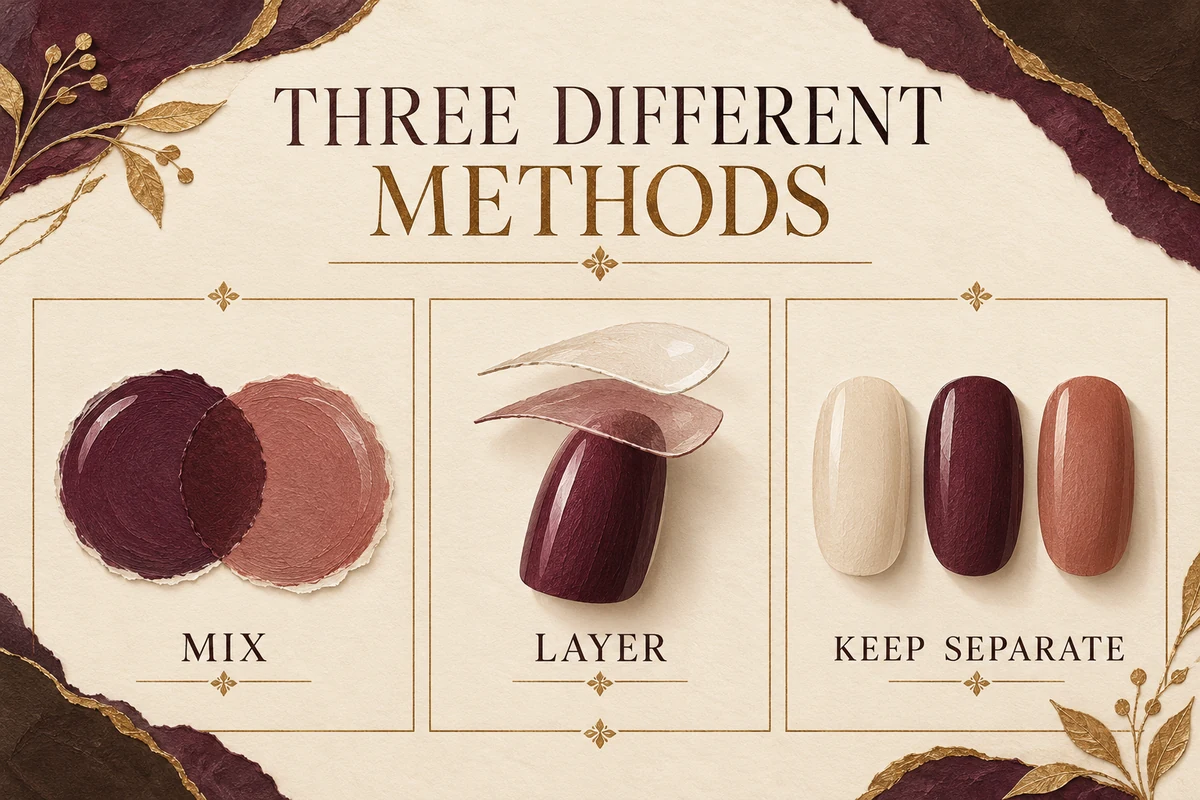 Three clearly separated illustrated panels distinguish a palette blend, separate layers and different colours on different sample nails