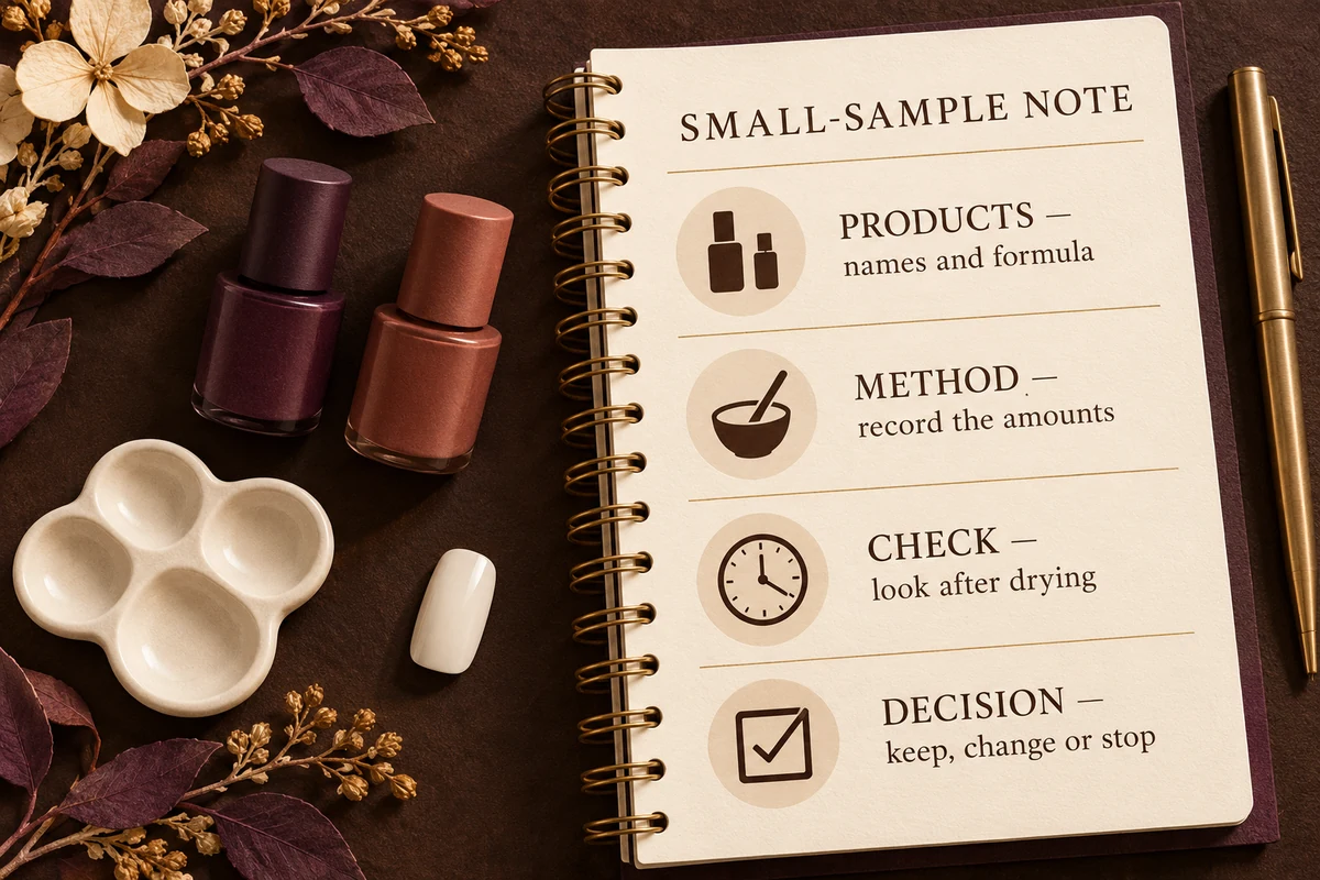 A palette and sample tip sit beside an illustrated note organiser for product names, method and decision