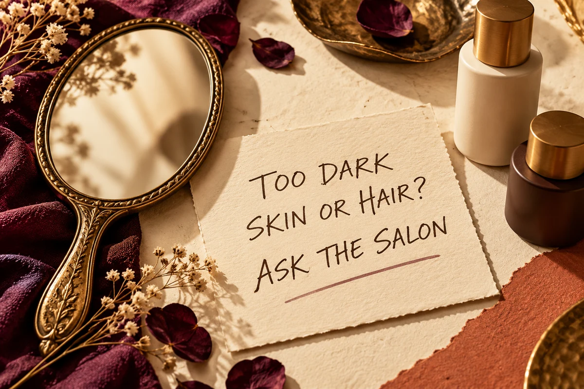 A brow-colour enquiry note and closed cosmetics encourage asking before applying more products