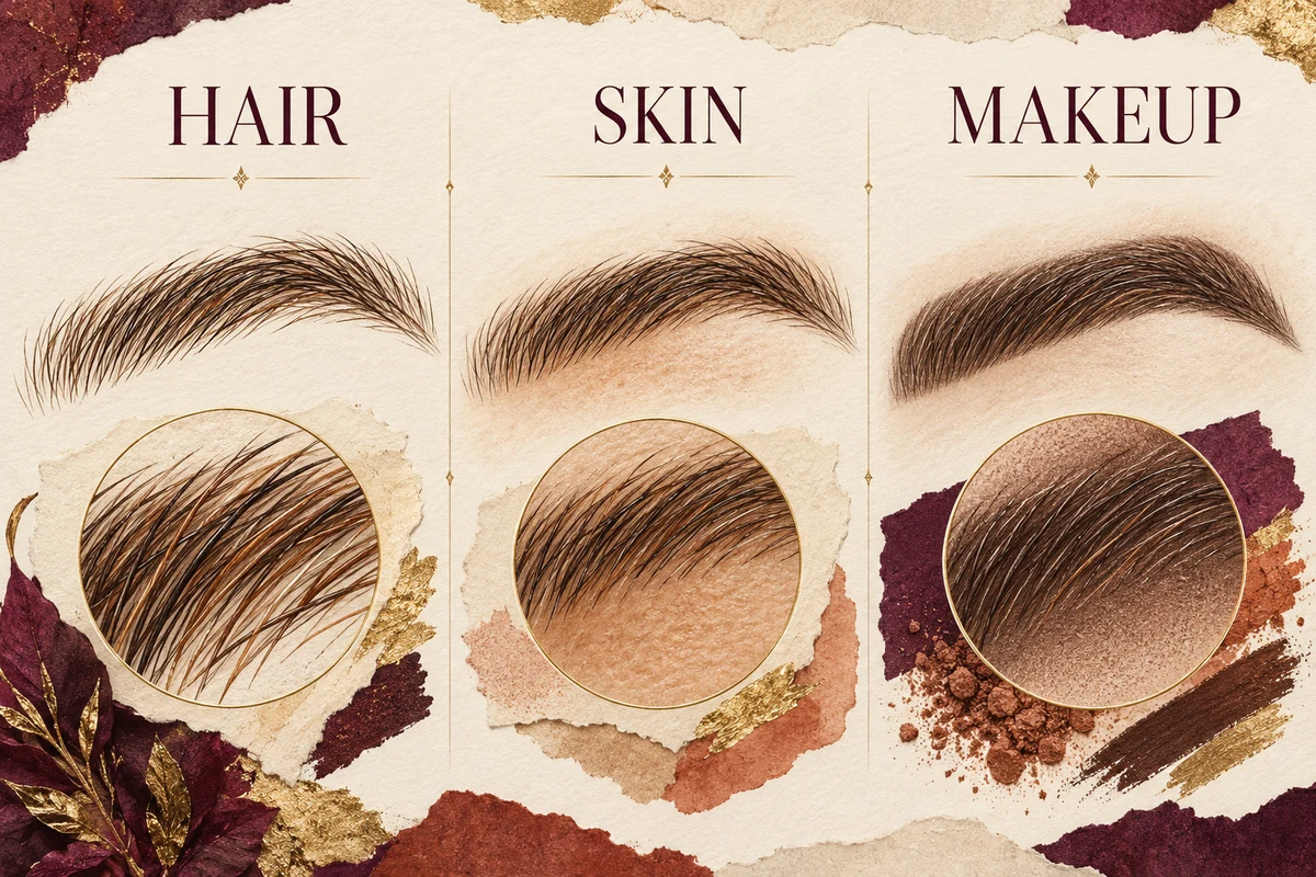 Three illustrated brow layers distinguish hair colour, skin staining and added makeup
