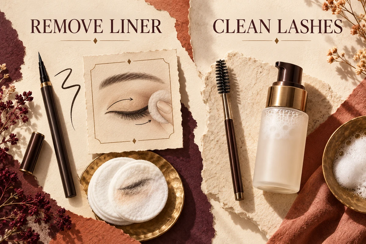 Separate eyeliner-removal and lash-cleaning tools show two different parts of the evening routine
