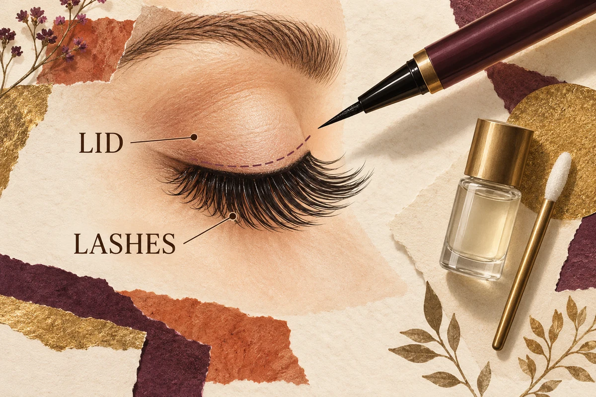 Illustrated eyelid and lash fibres are separated so eyeliner placement stays on the lid