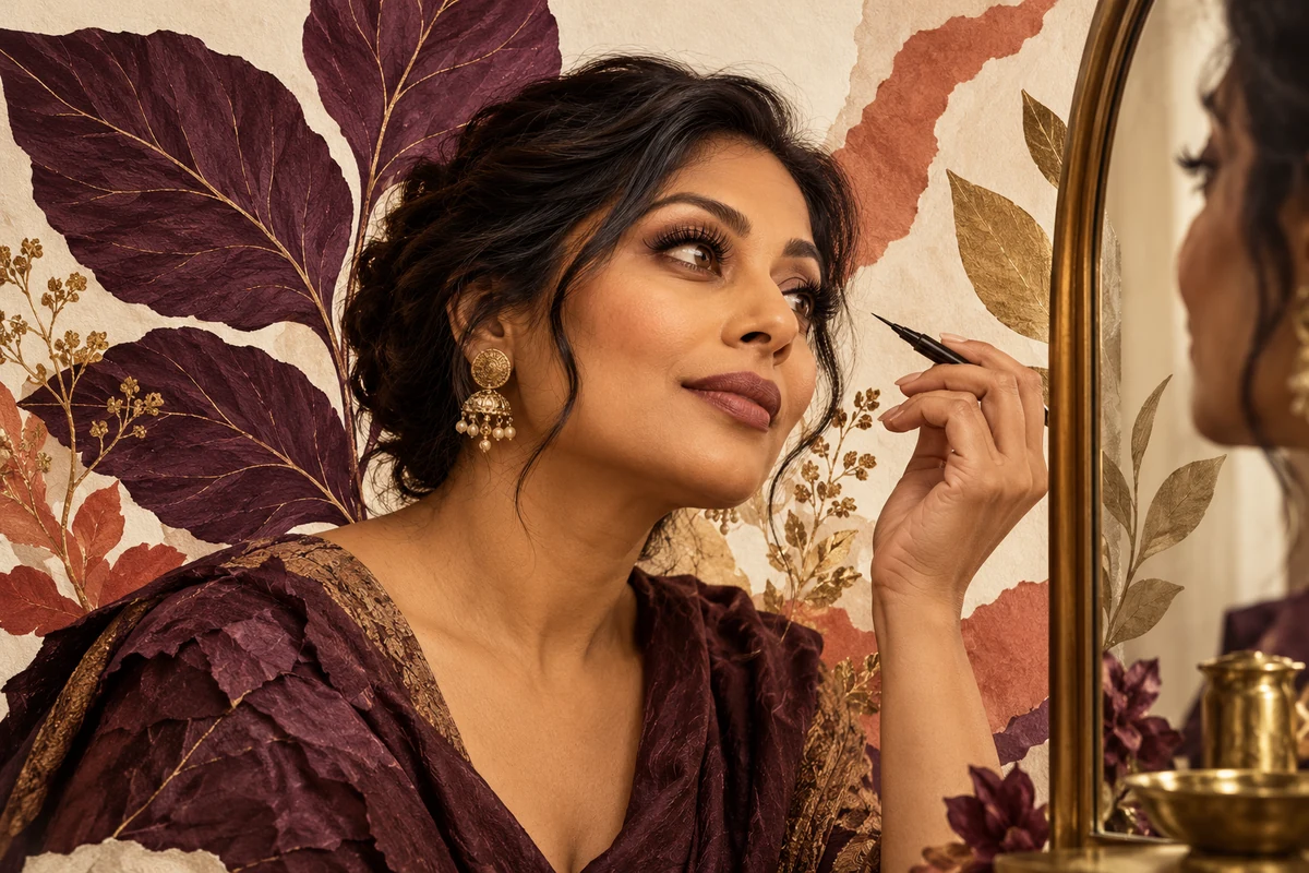 Woman pauses with an eyeliner pen beside a brass mirror, considering her lash extensions