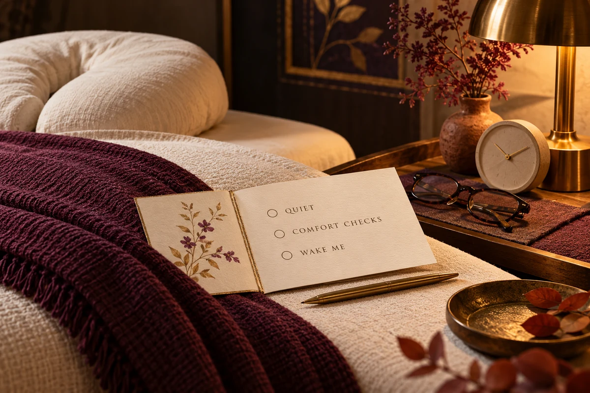 A quiet preference card beside a covered table keeps rest and comfort checks on the same plan