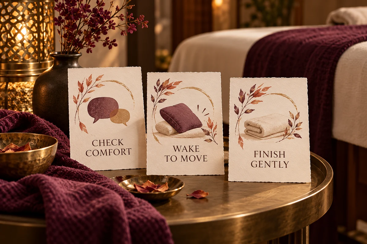 Three cards organise comfort checks, waking to move and a clear finish before resting