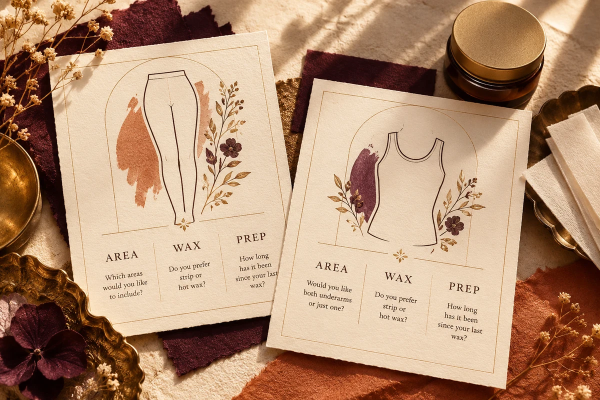 Two appointment cards for legs and underarms keep area, product and preparation questions separate