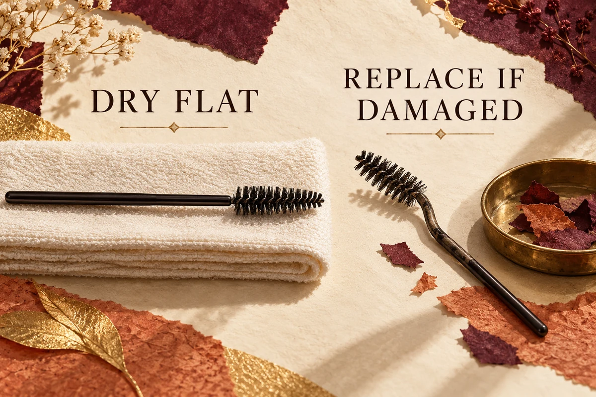 A straight spoolie dries flat while a bent brush is separated for replacement