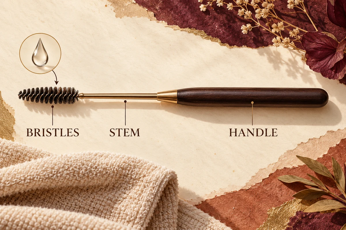 A reusable spoolie is labelled at its bristles, stem and handle to show which part needs washing