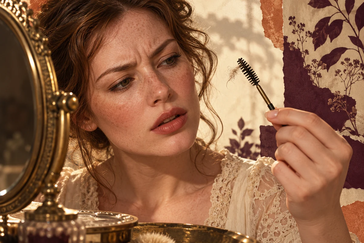Woman examines a small spiral brow brush with lint at a brass mirror
