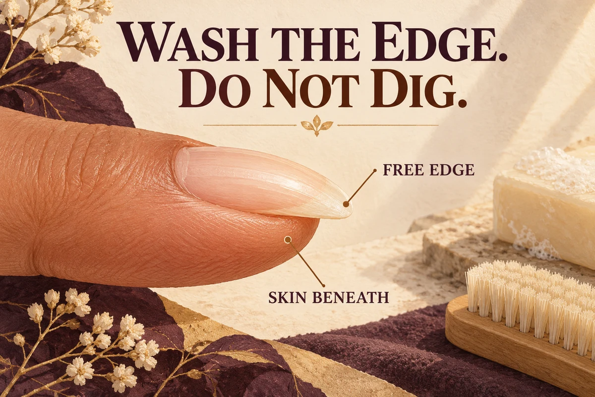 An enlarged nail-edge illustration identifies the exposed free edge and the skin beneath, with soap and a soft brush nearby