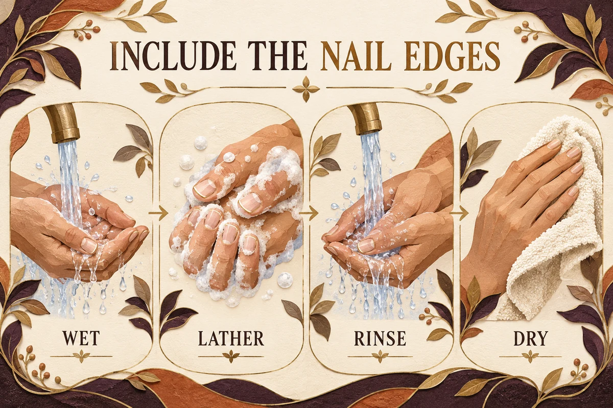 The handwashing sequence shows wetting, lathering around nail edges, rinsing and drying without pointed tools