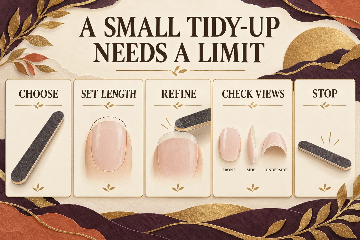 Five illustrated steps show choosing a file, setting a length, refining the edge, checking three views and stopping
