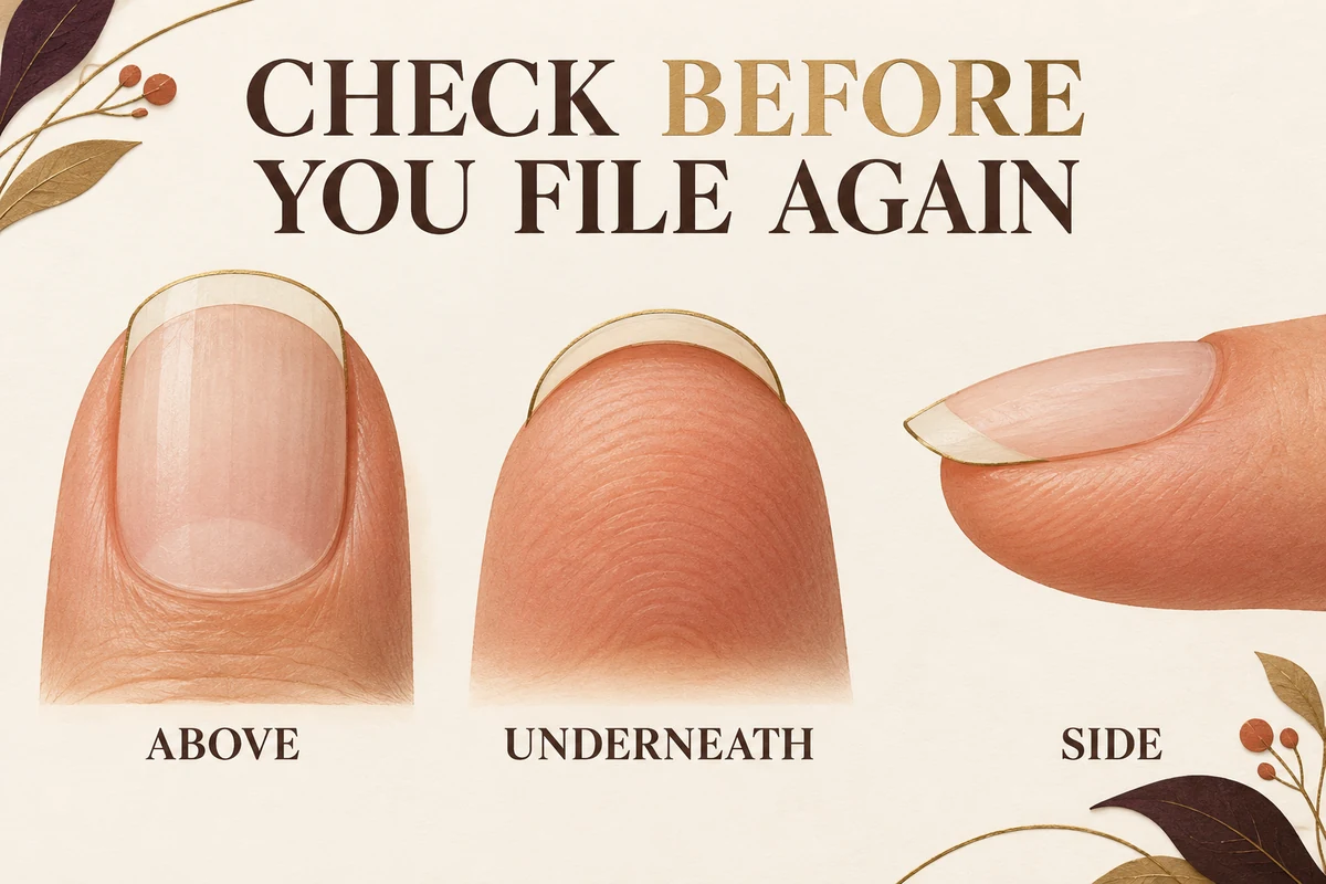 The same natural nail appears from above, below and the side with the free edge clearly distinguished from the nail surface