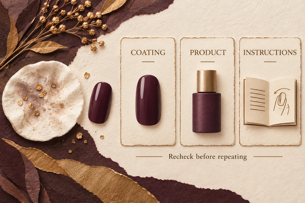 A removal pad and glitter residue sit beside a three-part check for coating, product and instructions