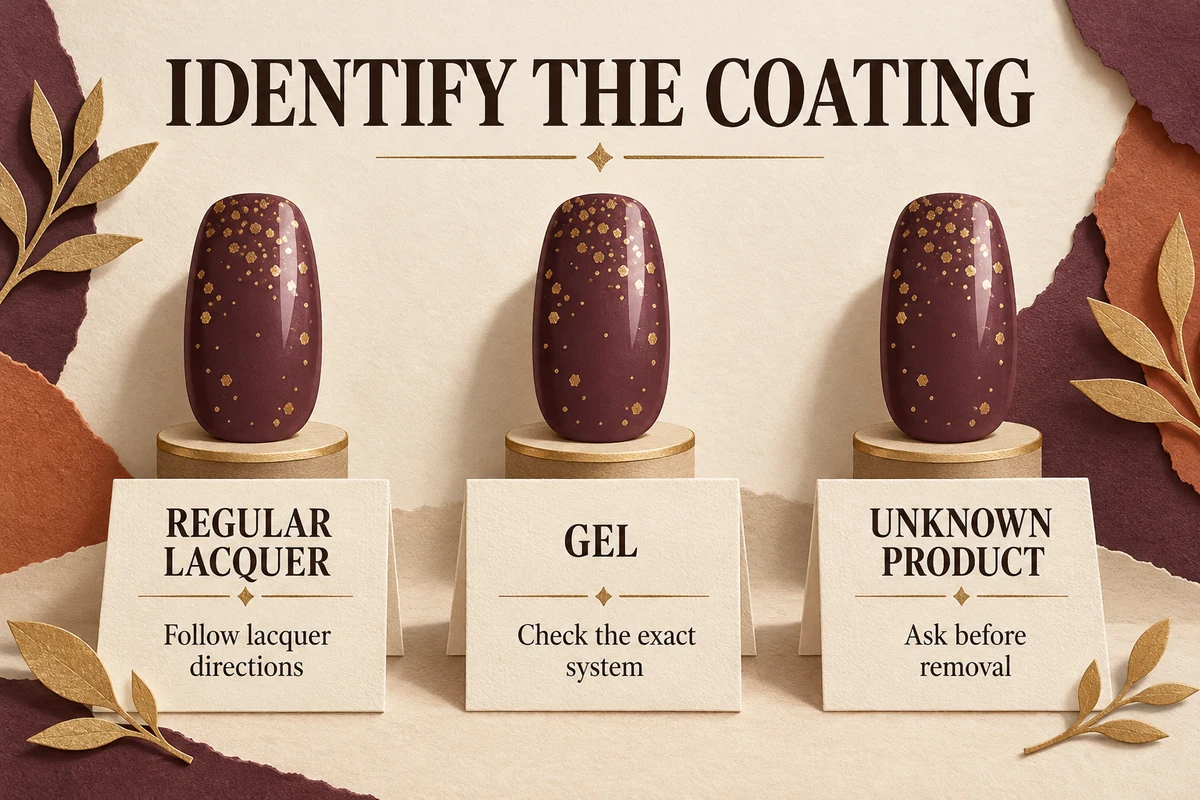 Three glitter-coated sample nails are separated into regular lacquer, gel and unknown-product routes