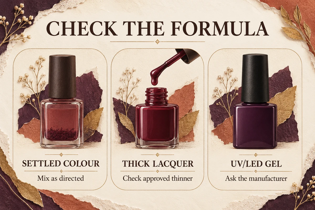Three polish-bottle checks distinguish settled colour, thick regular polish and an unidentified formula