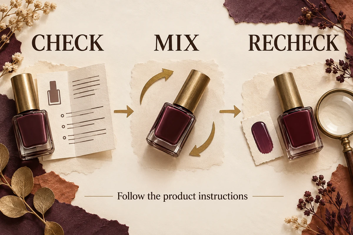 A closed bottle, a readable instruction card and a small sample show checking before another addition