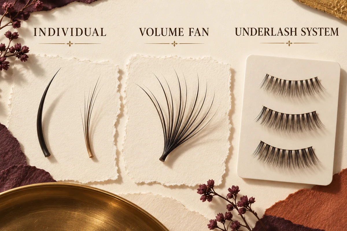 Unattached individual fibres, volume fans and retail underlash segments illustrate different lash categories