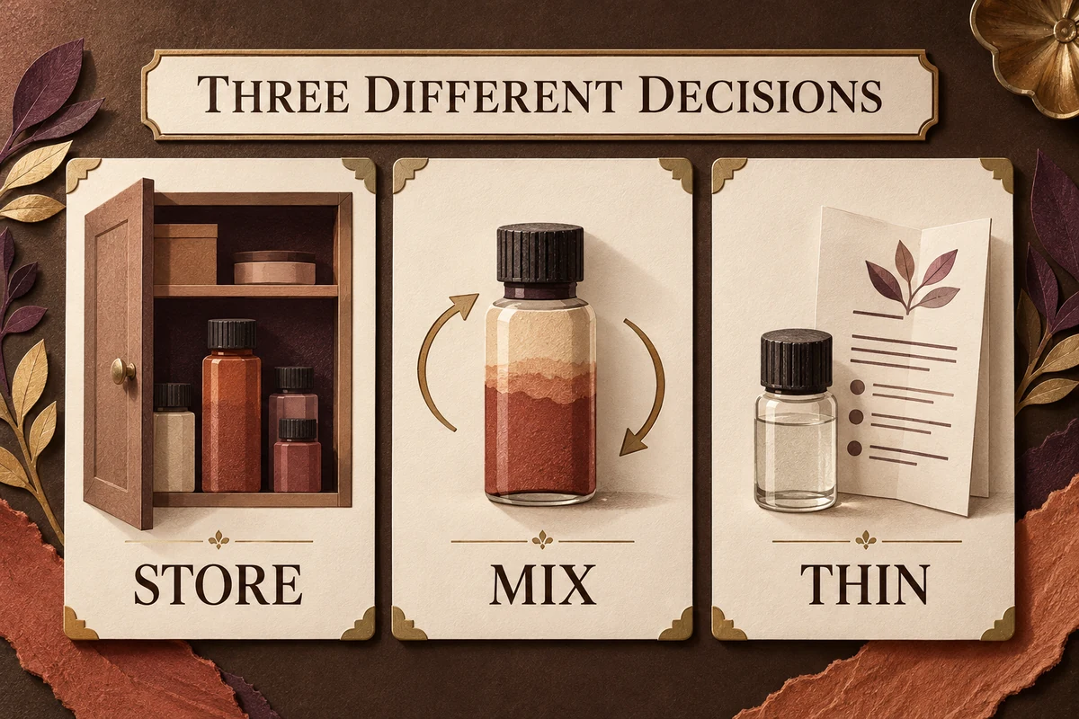 Three separate cards show storage location, mixing a closed bottle and checking approved thinner instructions