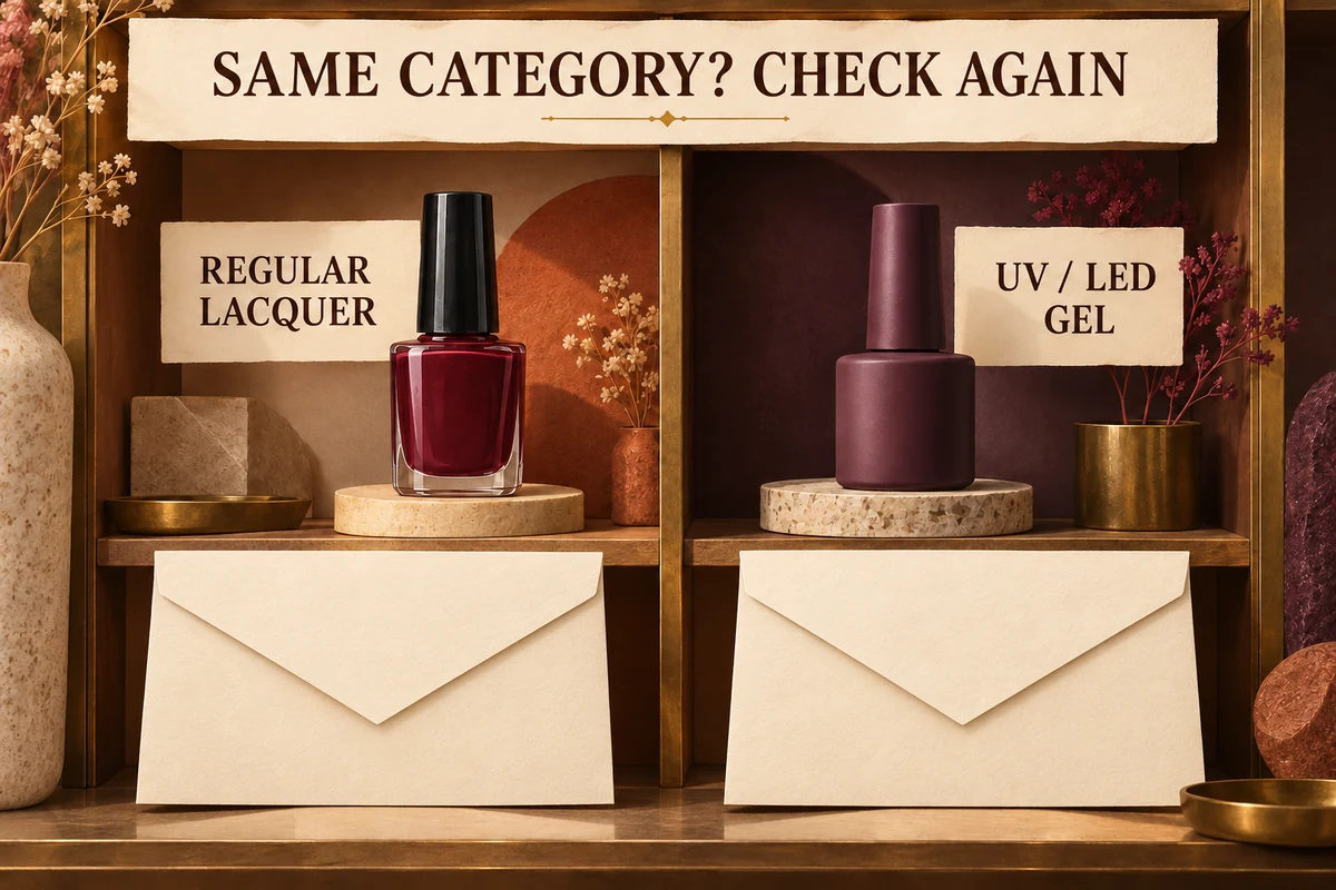 Regular lacquer and UV or LED gel sit on separate labelled shelves beside their own instruction cards