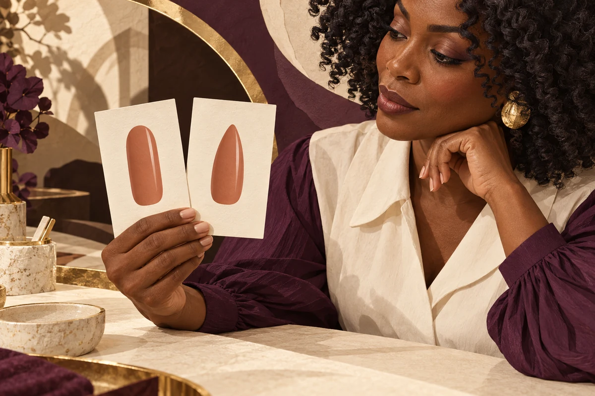 Woman compares two ivory nail-shape cards before choosing a manicure outline