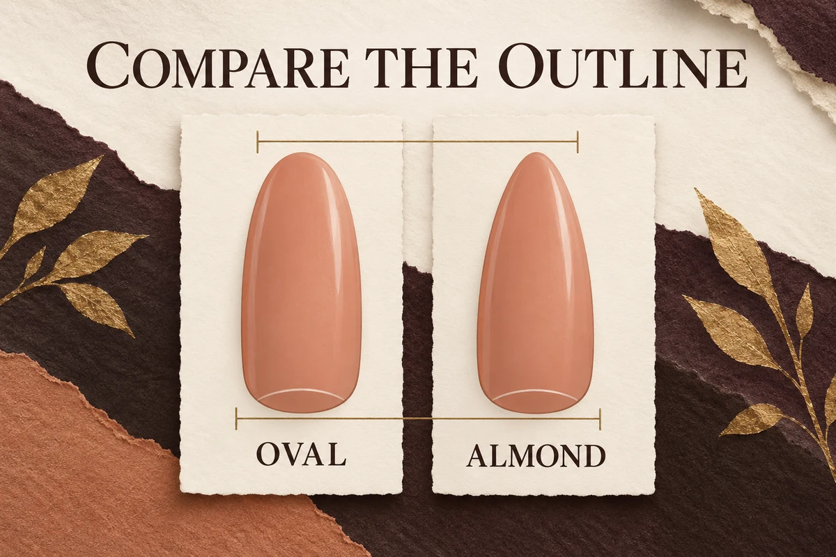 Equal-scale oval and almond nail outlines show a broad rounded tip beside a more tapered soft peak