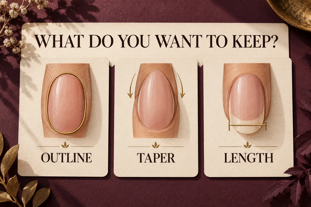 Three manicure preference cards identify the outline to keep, the taper to discuss and the length to protect