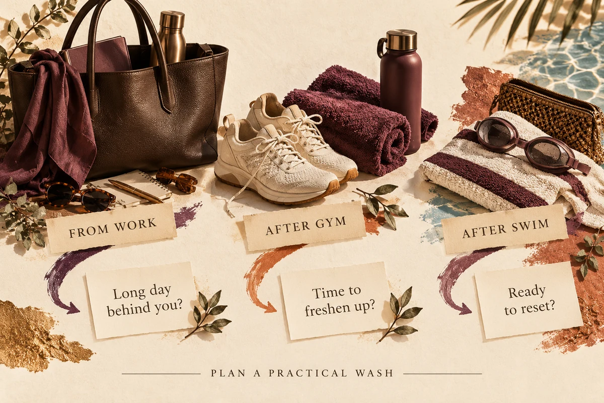 Work, gym and swimming arrival routes lead to practical washing and preparation questions