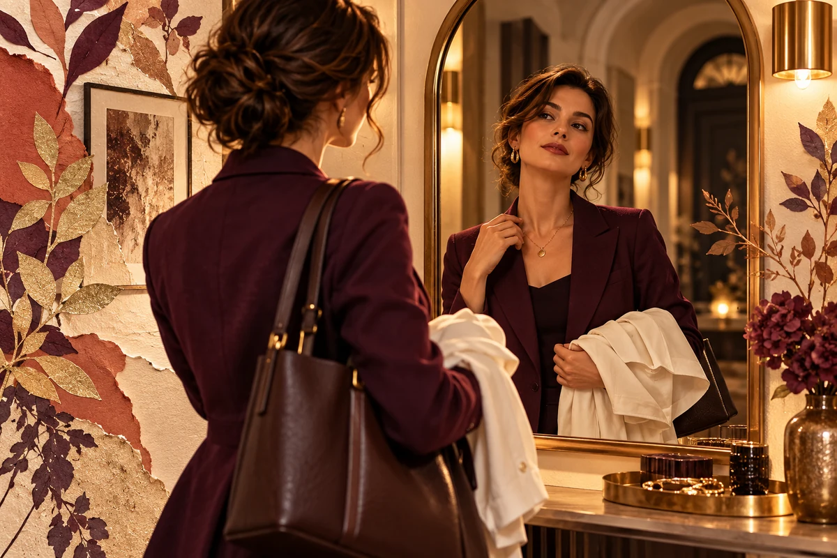 Woman with a work bag and clean blouse plans a massage around a practical wash