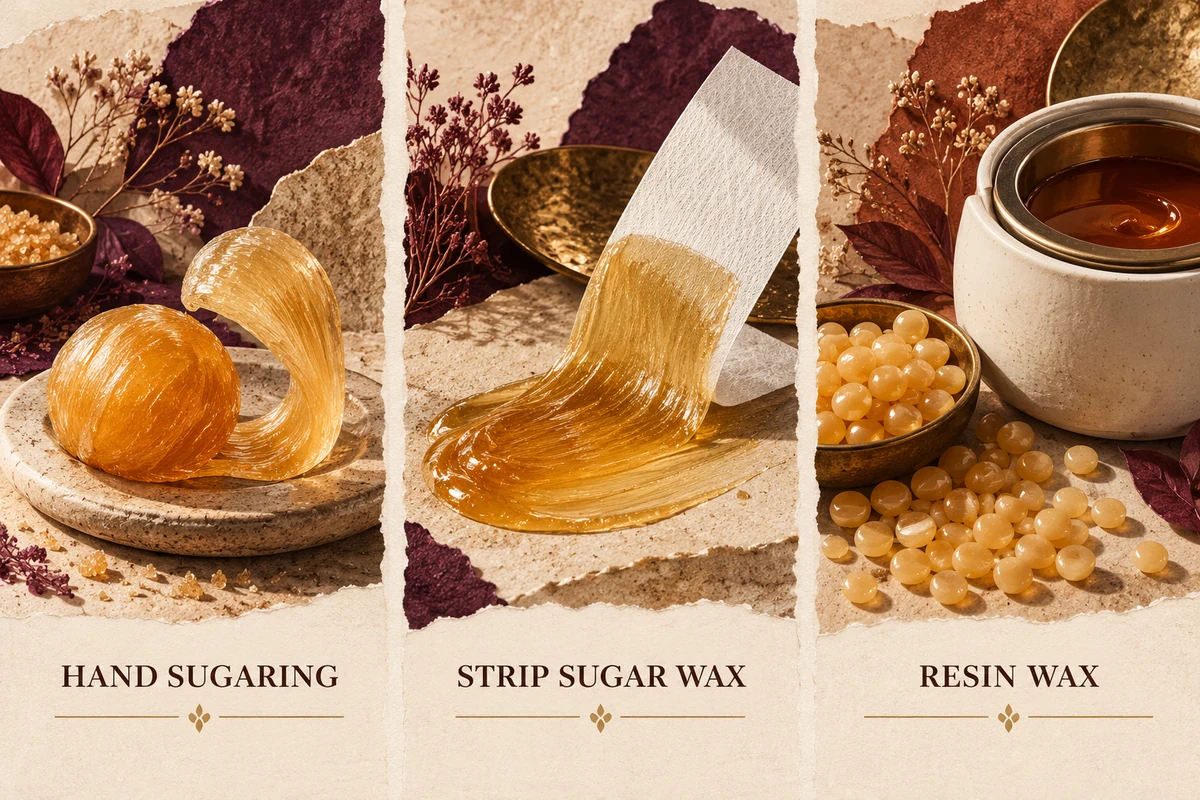 Three illustrated preparations distinguish hand sugaring, strip sugar wax and resin wax