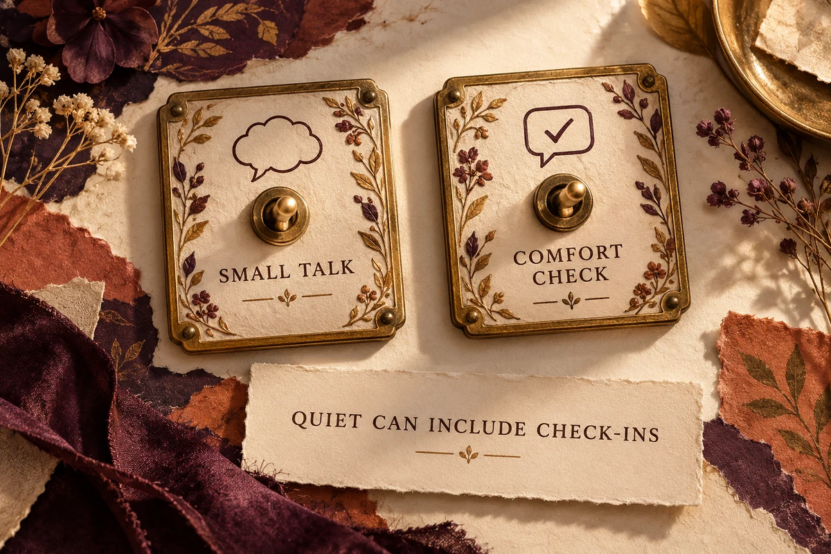 Small-talk and comfort-check cards show that a quiet session can still include essential questions