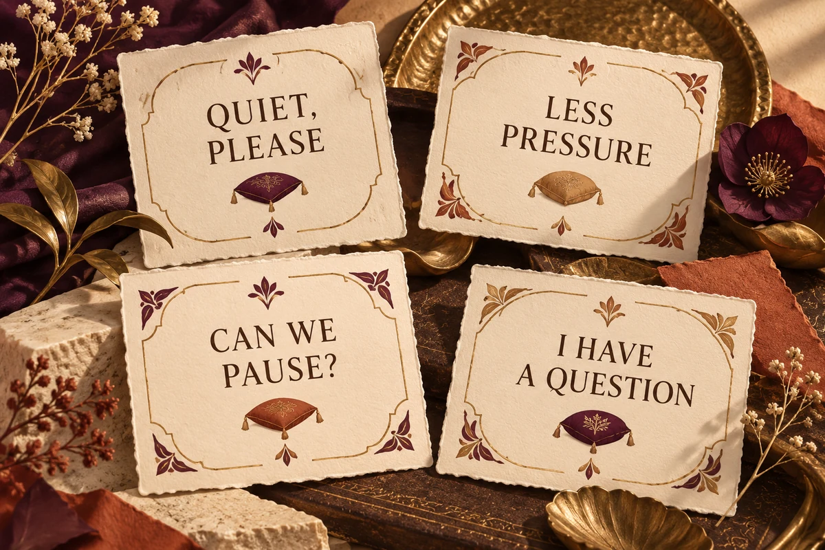 Four clear request cards cover quiet, less pressure, a pause and asking a question