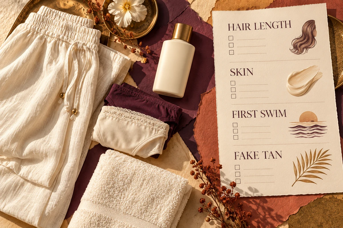 Loose clothing, a towel and preparation questions sit beside holiday-packing items