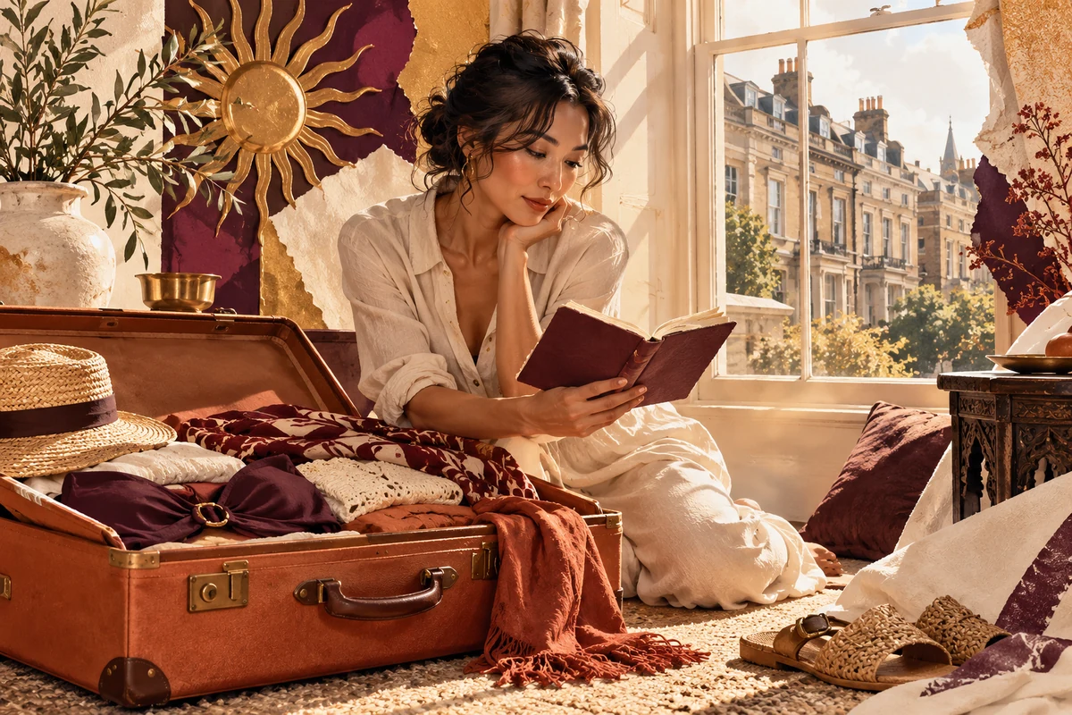 Woman checks a diary beside an open suitcase and folded swimwear before a holiday