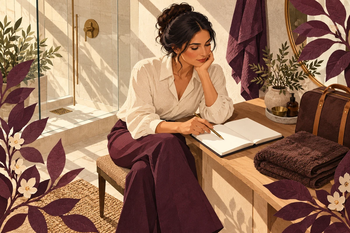 Woman plans a shower and waxing appointment beside a folded towel and diary