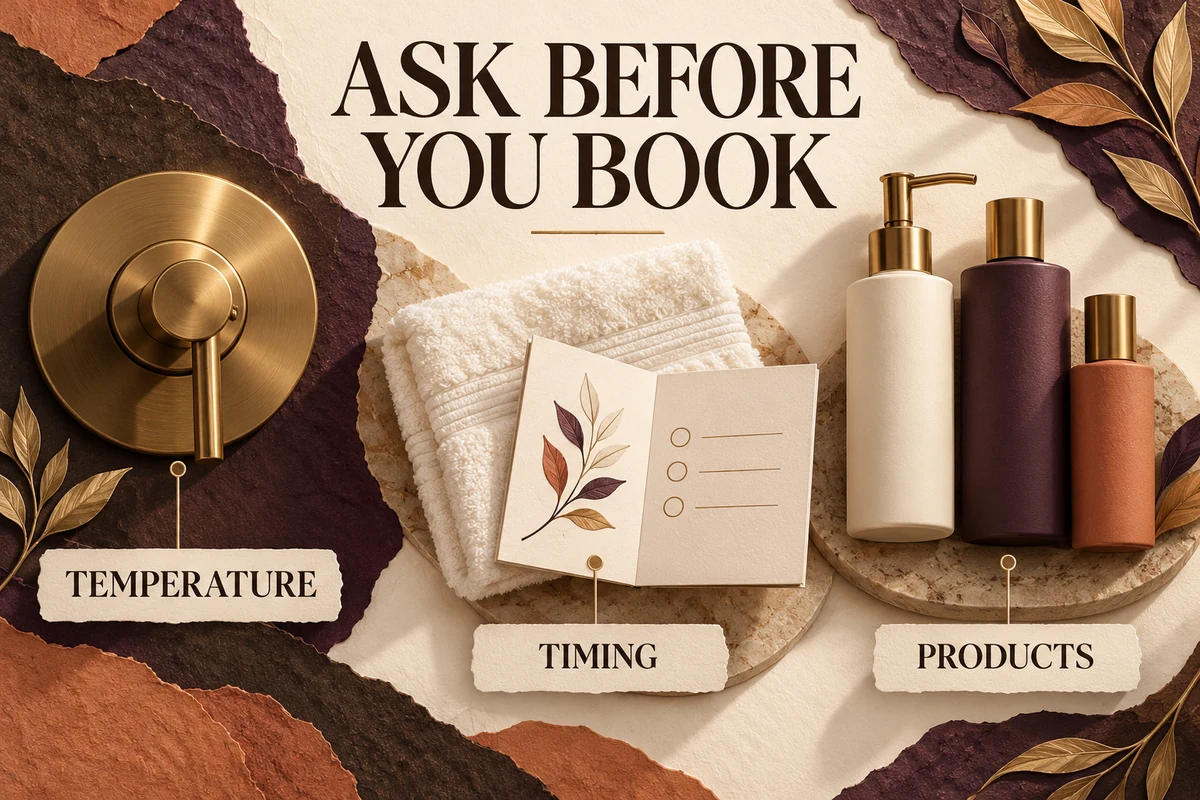 A shower-temperature control, gentle towel and separate product bottles illustrate the questions to confirm before a wax