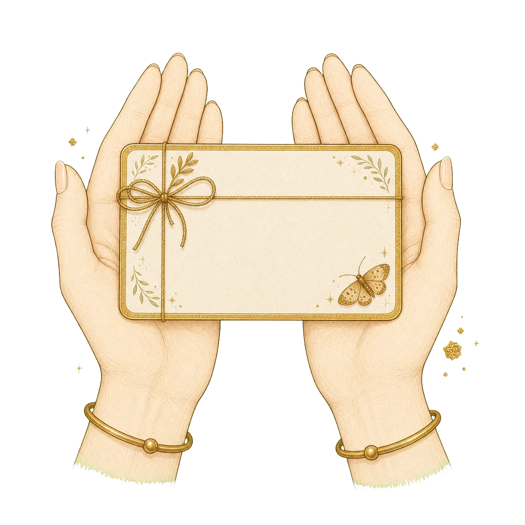 A pair of hands presenting a Mesmerising Beauty gift card