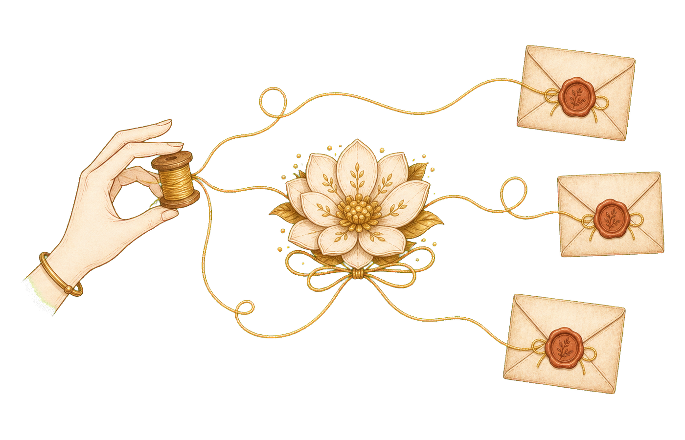 Three lengths of golden thread reaching out to three friends